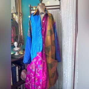 Vintage 90s Rainbow Bohemian Maximalist Button Down Duster with Pockets One Size